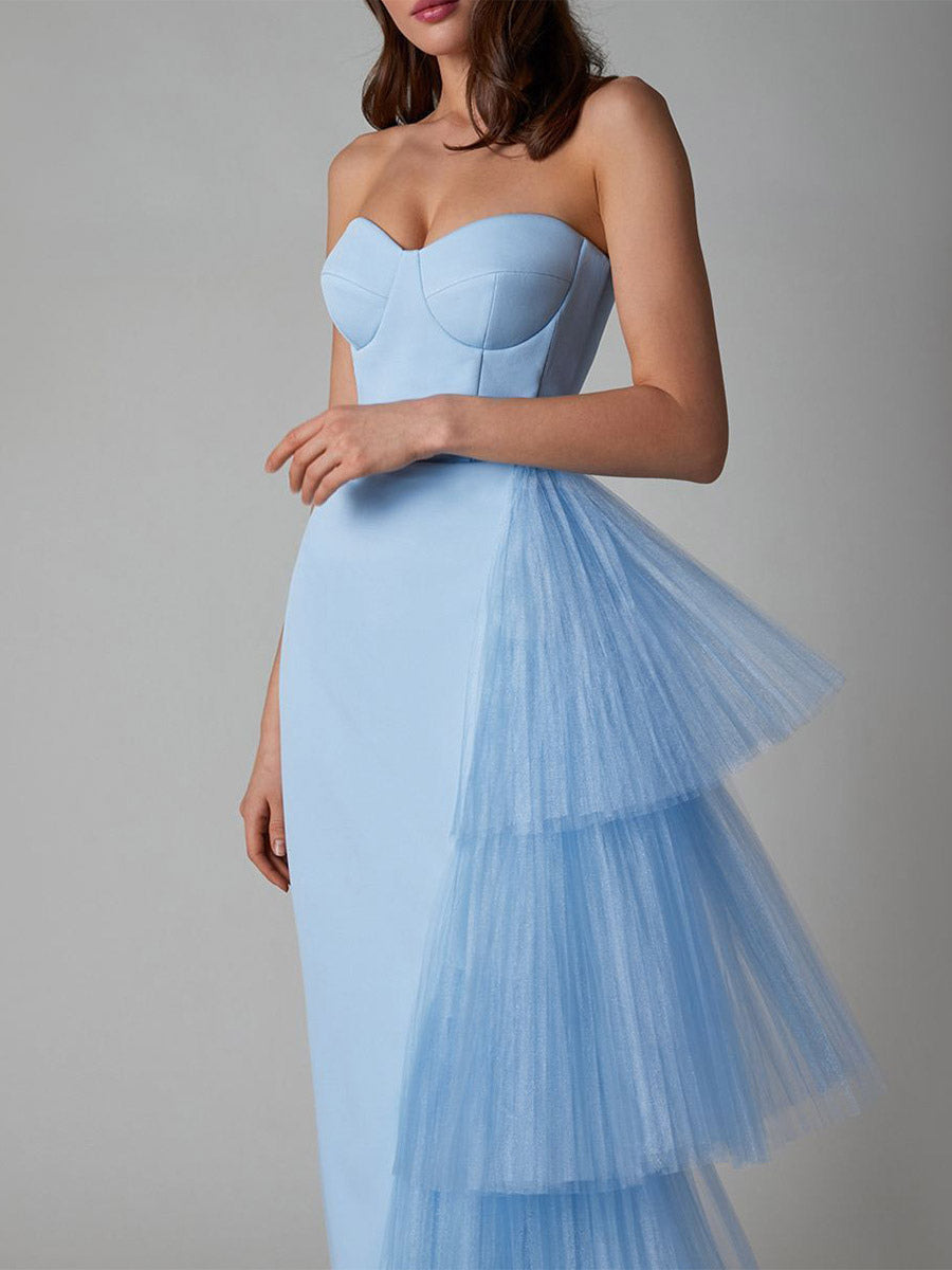 Party Dress Maxi Blue Strapless Zipper Sleeveless Backless Elegant Semi Formal Dress