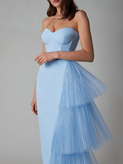 Party Dress Maxi Blue Strapless Zipper Sleeveless Backless Elegant Semi Formal Dress
