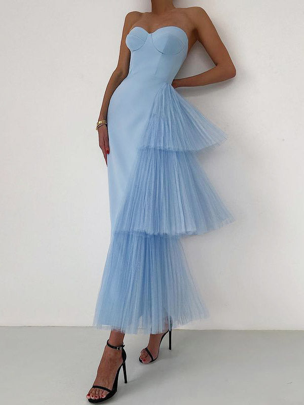 Party Dress Maxi Blue Strapless Zipper Sleeveless Backless Elegant Semi Formal Dress