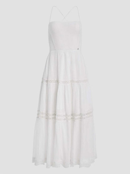 Vacation Dresses Maxi Backless Lace Lace Up Sleeveless Halter Casual White Dress