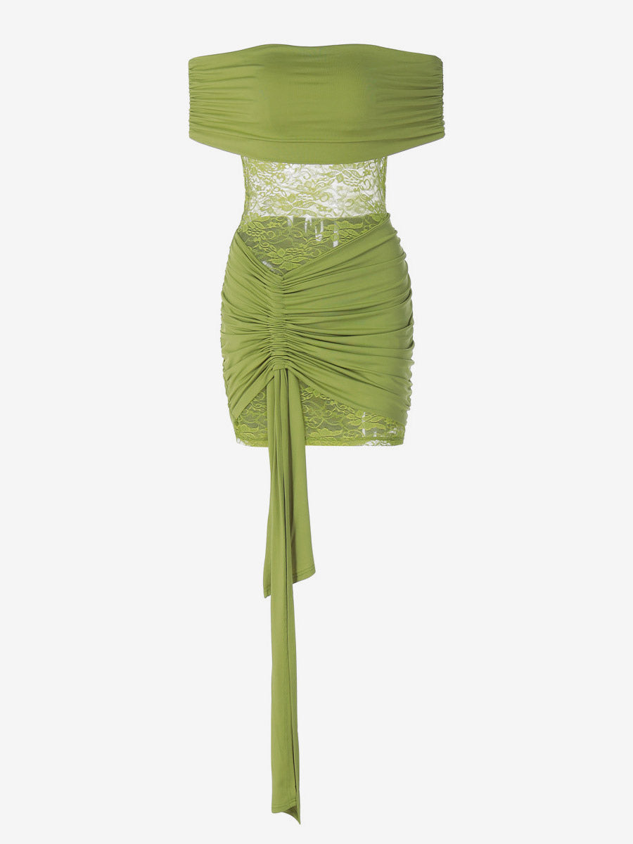 Date Night Dresses Mini Asymmetrical Pleated Lace Short Sleeves Off-The-Shoulder Sexy Green Dress