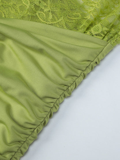 Date Night Dresses Mini Asymmetrical Pleated Lace Short Sleeves Off-The-Shoulder Sexy Green Dress