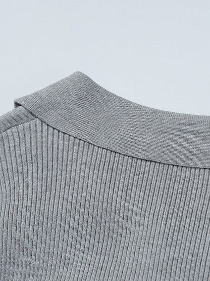 Date Night Dresses Mini Pleated Knitted Long Sleeves V-Neck Sweet Gray Dress