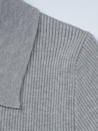 Date Night Dresses Mini Pleated Knitted Long Sleeves V-Neck Sweet Gray Dress