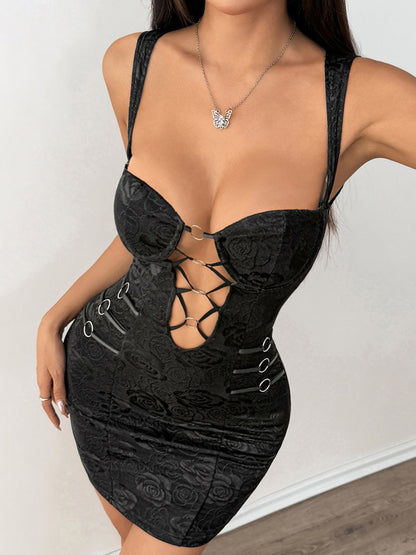 Night Out Dresses Black Circles Sleeveless Straps Neck Cupless Summer Dress