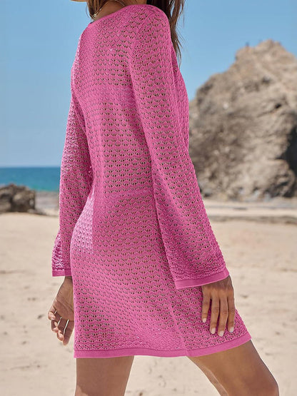 Cover Ups Mini Dresses Shaping Long Sleeves Scoop Neck Athletic Black Summer Beach Swimwear