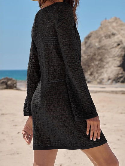Cover Ups Mini Dresses Shaping Long Sleeves Scoop Neck Athletic Black Summer Beach Swimwear