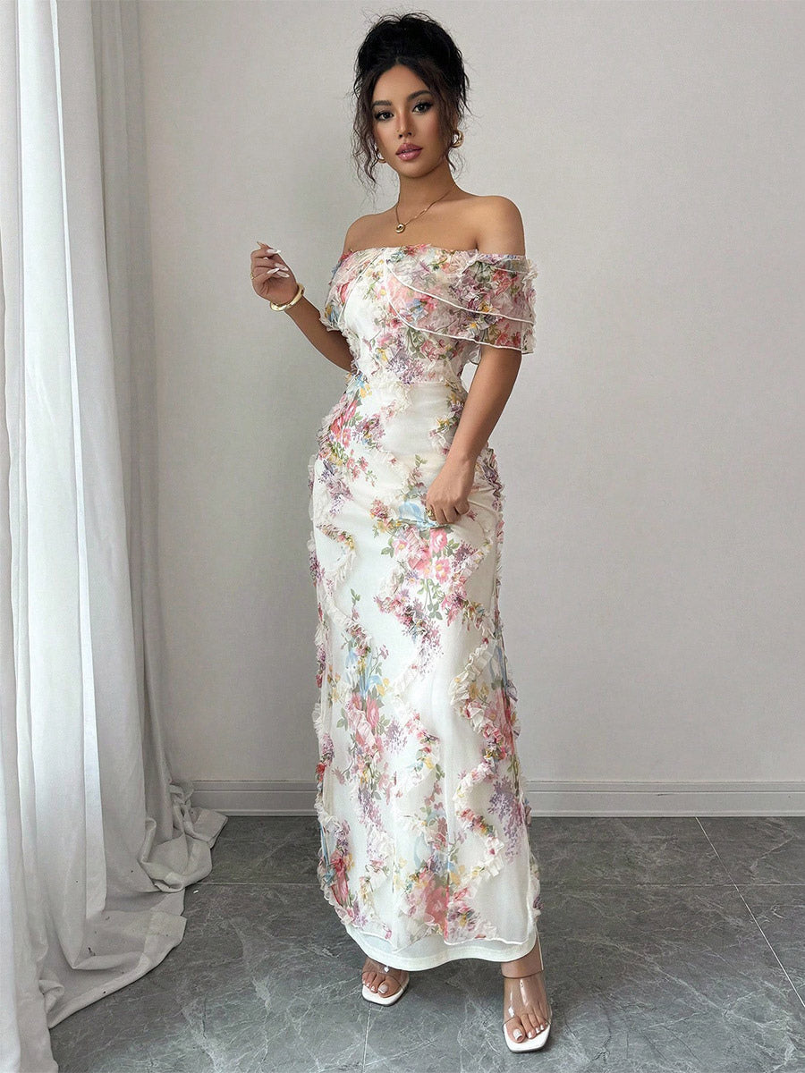Date Night Dresses Maxi Backless Zipper Ruffles Sleeveless Floral Print Off-The-Shoulder Sweet Dress