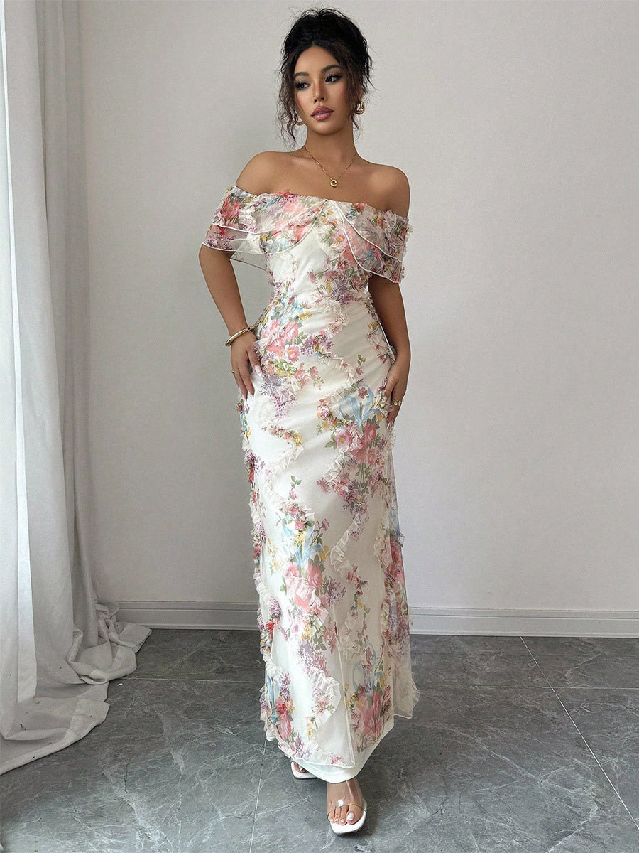 Date Night Dresses Maxi Backless Zipper Ruffles Sleeveless Floral Print Off-The-Shoulder Sweet Dress