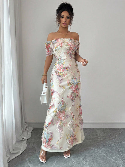 Date Night Dresses Maxi Backless Zipper Ruffles Sleeveless Floral Print Off-The-Shoulder Sweet Dress