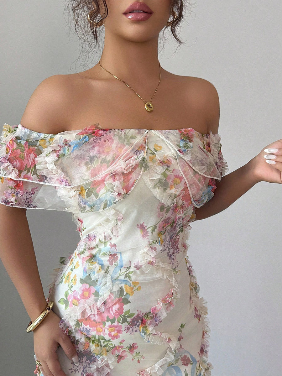 Date Night Dresses Maxi Backless Zipper Ruffles Sleeveless Floral Print Off-The-Shoulder Sweet Dress