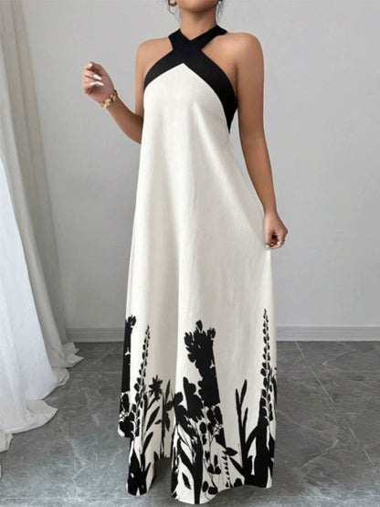 Vacation Dresses Maxi Backless Lace Up Sleeveless Floral Print Halter Elegant White Dress