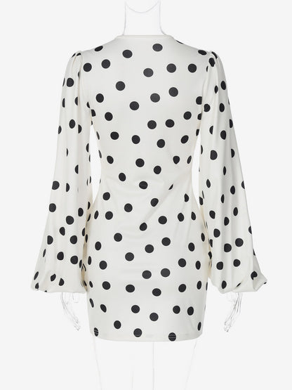 Date Night Dresses Mini Pleated Long Sleeves Polka Dot V-Neck Flared Sleeves Elegant Dress