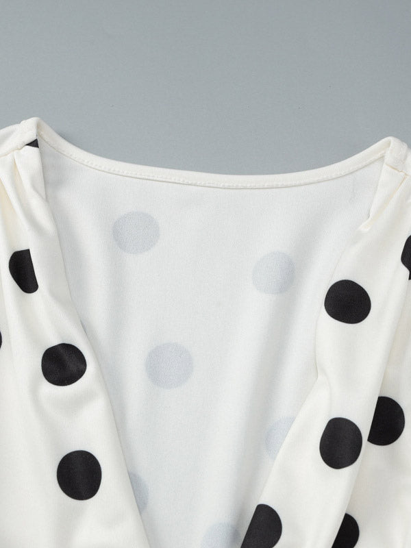 Date Night Dresses Mini Pleated Long Sleeves Polka Dot V-Neck Flared Sleeves Elegant Dress