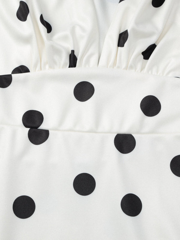 Date Night Dresses Mini Pleated Long Sleeves Polka Dot V-Neck Flared Sleeves Elegant Dress