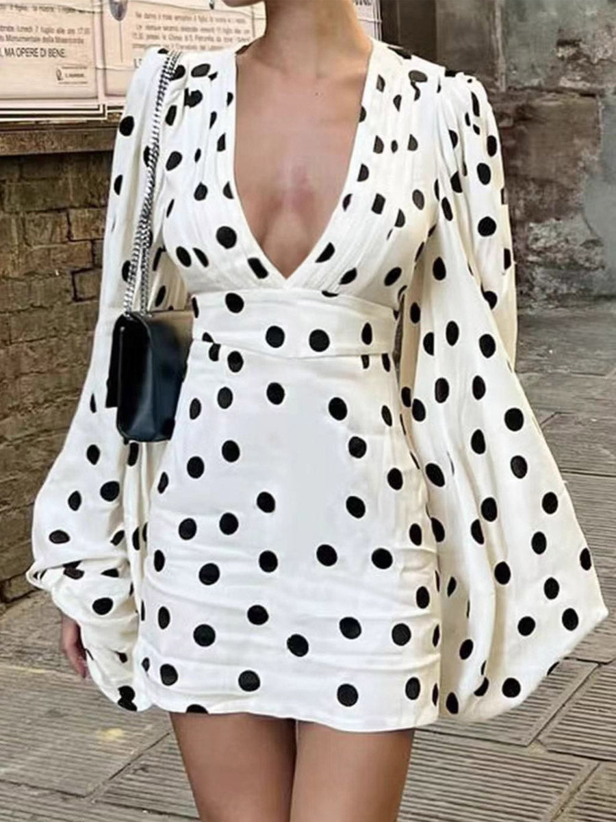 Date Night Dresses Mini Pleated Long Sleeves Polka Dot V-Neck Flared Sleeves Elegant Dress