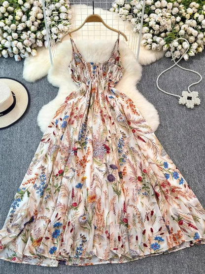 Vacation Dresses Maxi Backless Flowers Strappy Sleeveless Floral Print Straps Neck Chic Apricot Dress