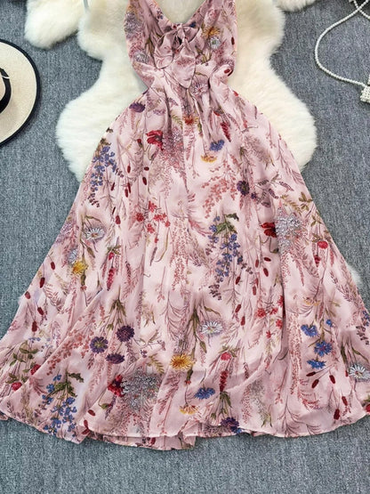 Vacation Dresses Maxi Backless Flowers Strappy Sleeveless Floral Print Straps Neck Chic Apricot Dress