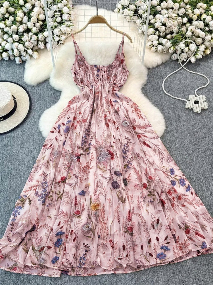 Vacation Dresses Maxi Backless Flowers Strappy Sleeveless Floral Print Straps Neck Chic Apricot Dress