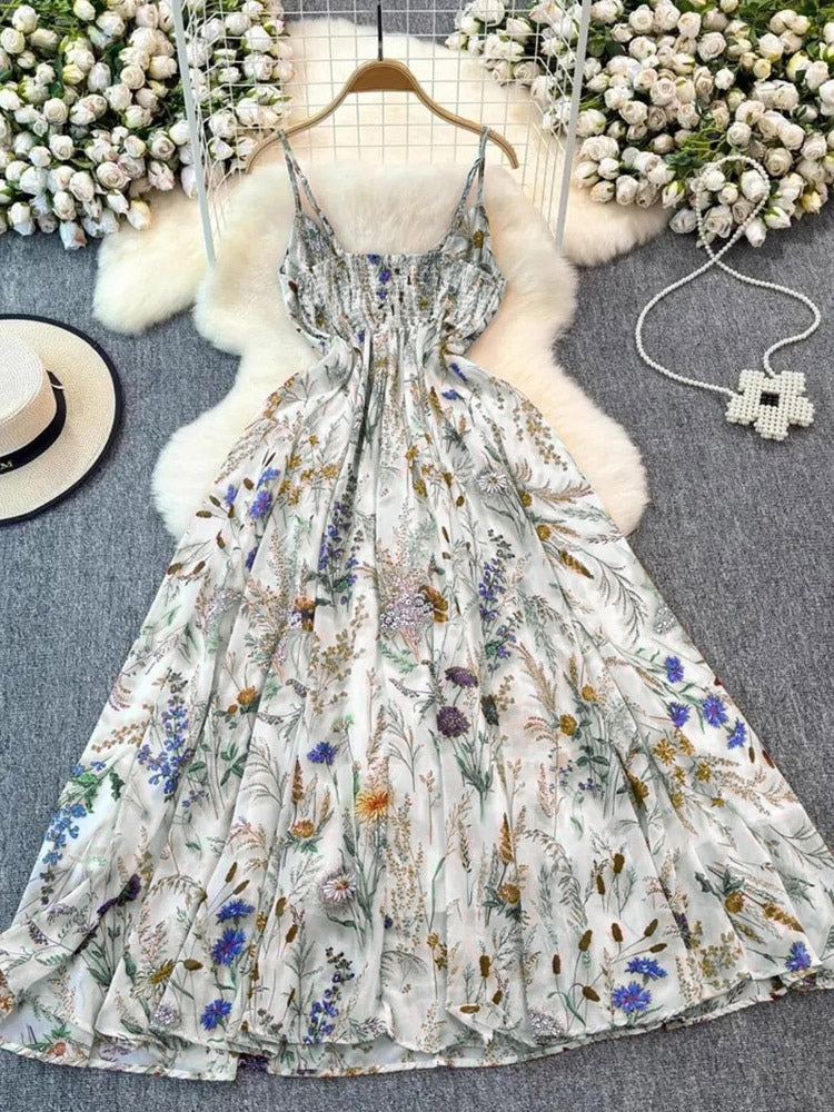Vacation Dresses Maxi Backless Flowers Strappy Sleeveless Floral Print Straps Neck Chic Apricot Dress