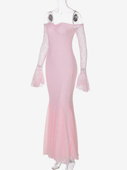 Party Dress Maxi Pink Off-The-Shoulder Lace Long Sleeves Pleated Chic Semi Formal Dress
