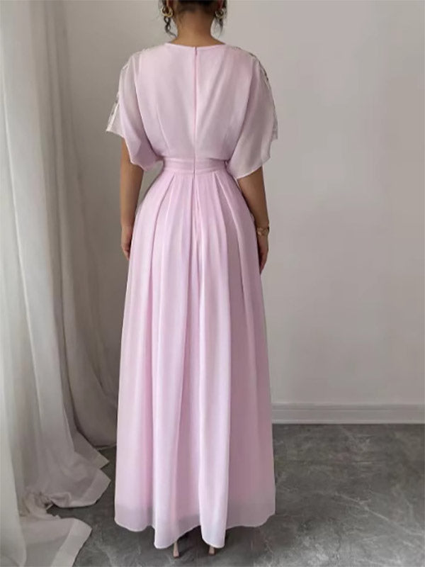 Party Dress Maxi Pink Jewel Neck Ruffles Half Sleeves Chic Semi Formal Dress