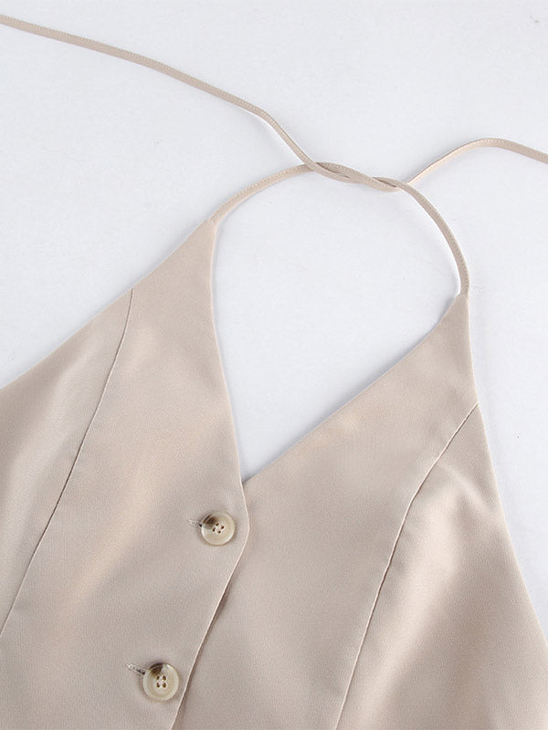 Two Piece Sets Khaki Chic Daily V-Neck Sleeveless Pant Set