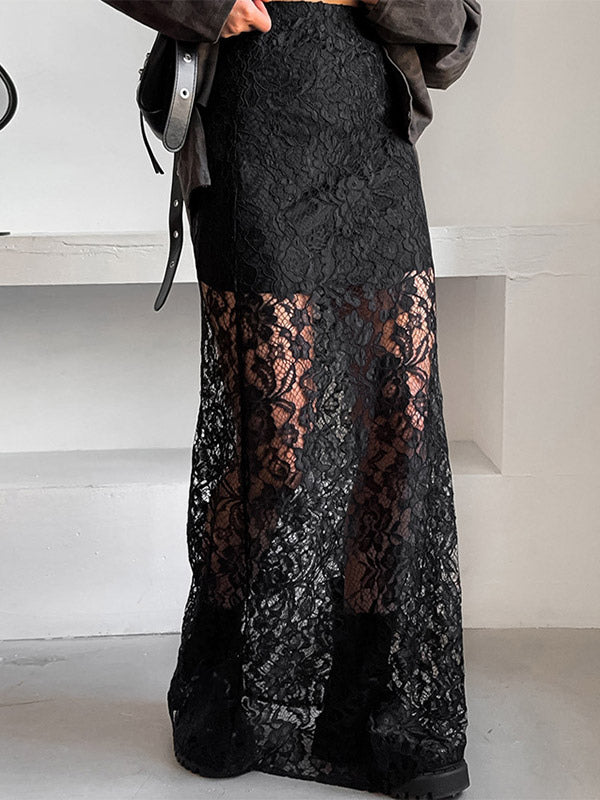 Bottom Sheer Black Cut Out Lace Raised Waist Skirt