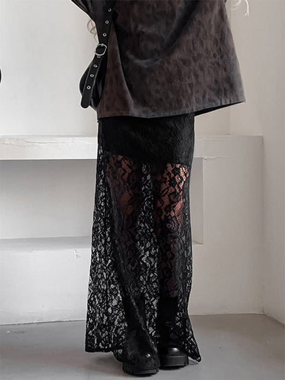 Bottom Sheer Black Cut Out Lace Raised Waist Skirt