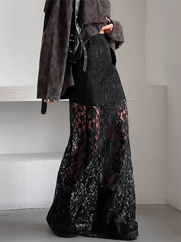 Bottom Sheer Black Cut Out Lace Raised Waist Skirt