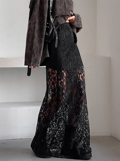 Bottom Sheer Black Cut Out Lace Raised Waist Skirt