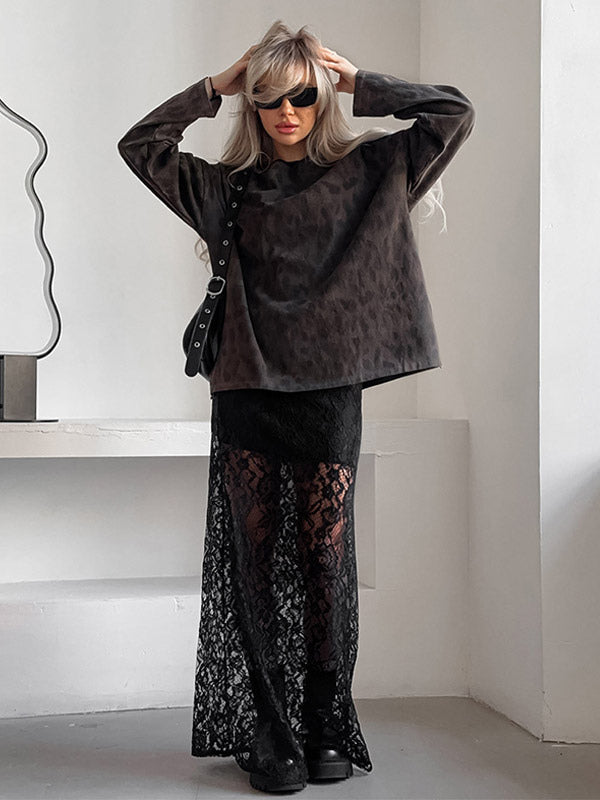 Bottom Sheer Black Cut Out Lace Raised Waist Skirt