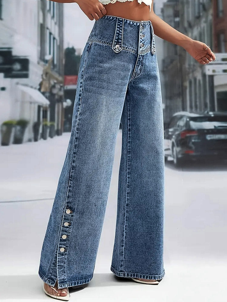 Jeans Women's Wide Sexy Cotton Casual Buttons Bottoms