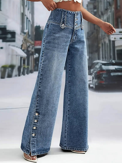 Jeans Women's Wide Sexy Cotton Casual Buttons Bottoms