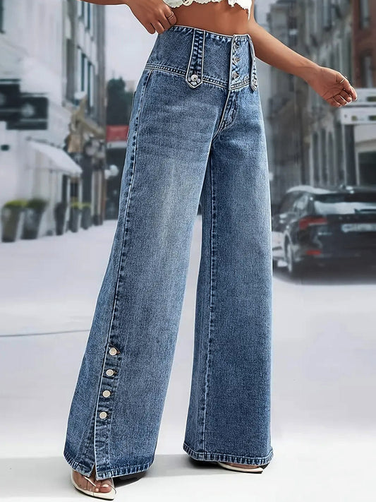Jeans Women's Wide Sexy Cotton Casual Buttons Bottoms