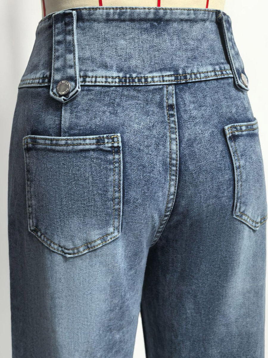 Jeans Women's Wide Sexy Cotton Casual Buttons Bottoms