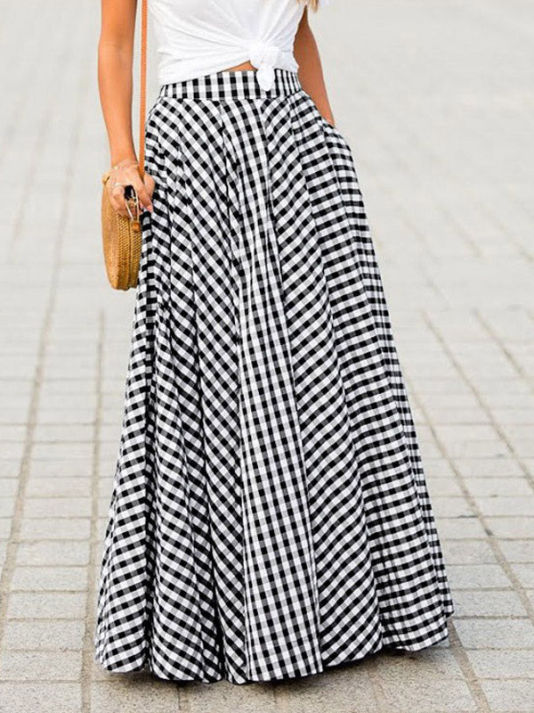 Skirts Black Plaid Casual Summer Long Women's Bottoms