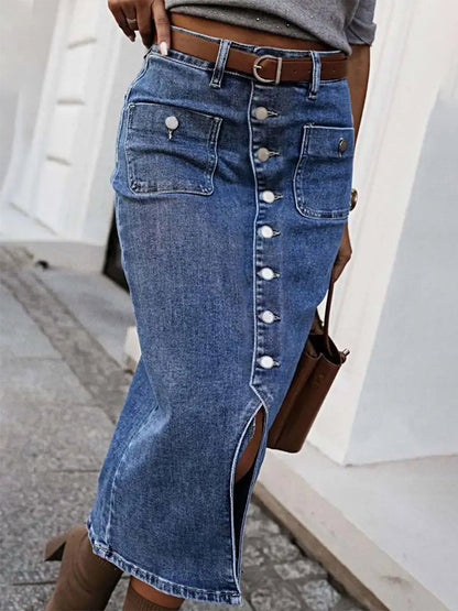 Skirts Gray Denim Casual Summer Mid-calf Length Women's Bottoms