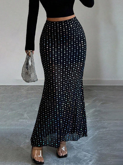 Skirts Black Raised Waist Polka Dot Elegant Long Women's Bottoms