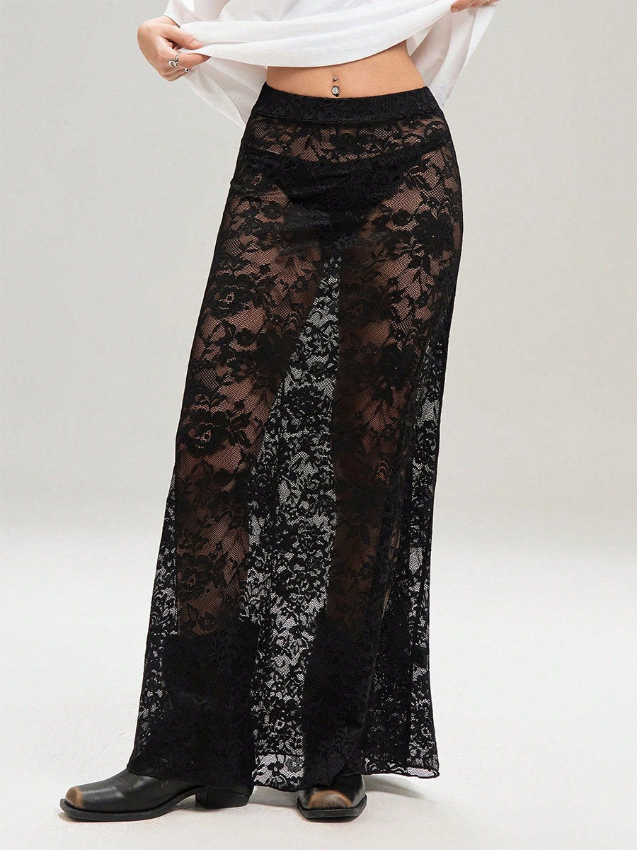 Skirts Black Lace Raised Waist Sexy Sheer Long Women's Bottoms