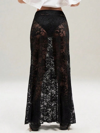 Skirts Black Lace Raised Waist Sexy Sheer Long Women's Bottoms