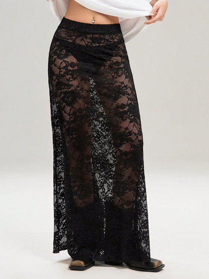 Skirts Black Lace Raised Waist Sexy Sheer Long Women's Bottoms