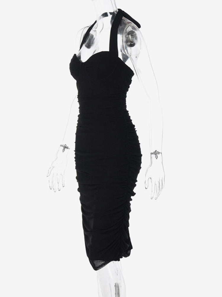 Party Dresses Black Halter Sweetheart Ruched Split Midi Dress Night Club City Outfit
