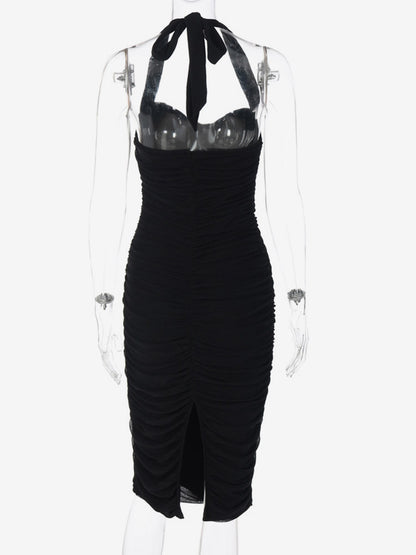 Party Dresses Black Halter Sweetheart Ruched Split Midi Dress Night Club City Outfit