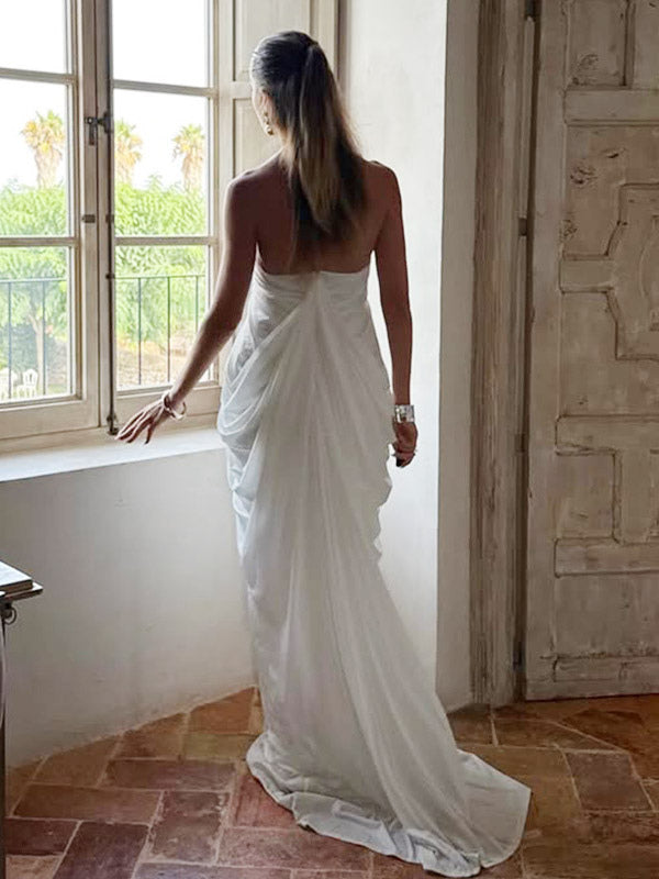 Party Dresses Halter Deep V Pleated Draped Maxi Dress Backless Flowy Evening Gown