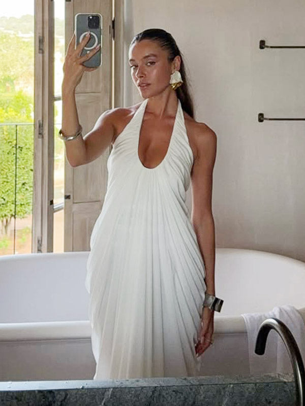 Party Dresses Halter Deep V Pleated Draped Maxi Dress Backless Flowy Evening Gown