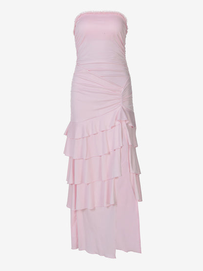 Vacation Dress Strapless Ruched Ruffle Slit Midi Bodycon Dress Beach Resort Sundress