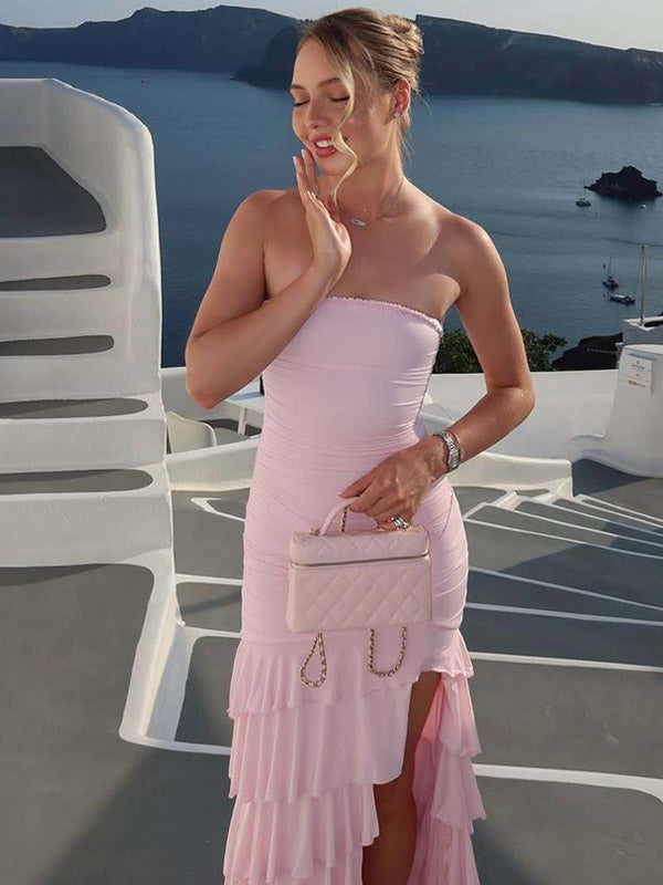 Vacation Dress Strapless Ruched Ruffle Slit Midi Bodycon Dress Beach Resort Sundress