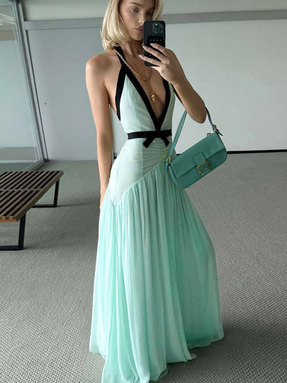 Vacation Dresses Flowy Chiffon Deep V Backless Halter Maxi Dress Summer Resort Evening Party Dress