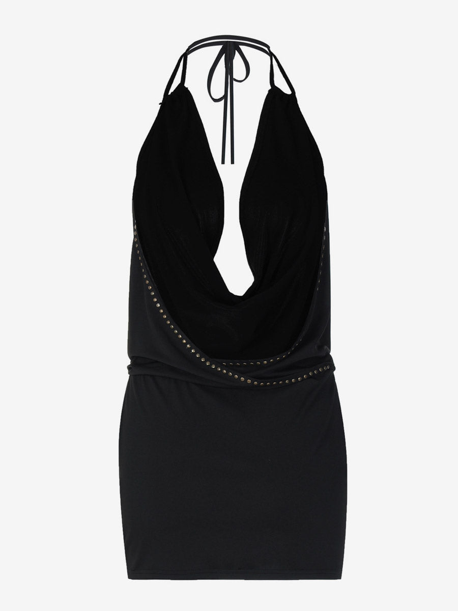 Party Dresses Black Rivet Trim Halter Open Back Bodycon Mini Dress Nightclub Party Outfit